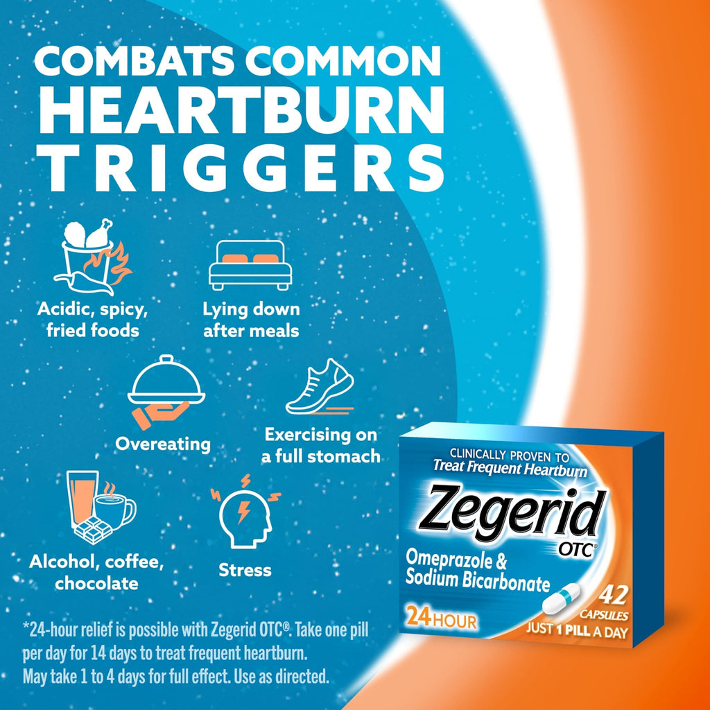 Zegerid OTC, 24-Hour Heartburn Relief, Acid Reflux Medicine and Antacid, Treats Frequent Heartburn, Omeprazole 20mg + Sodium Bicarbonate, Proton Pump Inhibitor (PPI), 42 Capsules - FENGGESTORE20