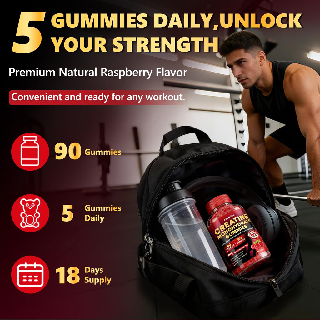 ZELKORE Creatine Monohydrate Gummies 6000mg for Men & Women, Sugar Free Creatine Gummy for Pre & Post Workout, High Absorption Supplement with BCAA, Support Boost Strength, - FENGGESTORE20