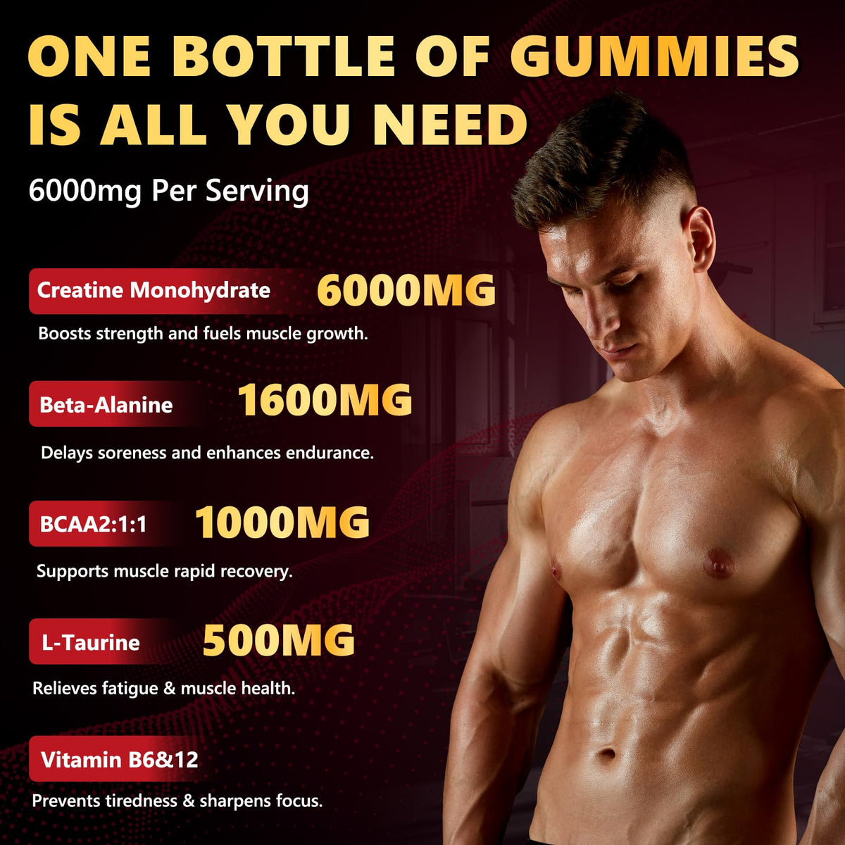 ZELKORE Creatine Monohydrate Gummies 6000mg for Men & Women, Sugar Free Creatine Gummy for Pre & Post Workout, High Absorption Supplement with BCAA, Support Boost Strength, - FENGGESTORE20