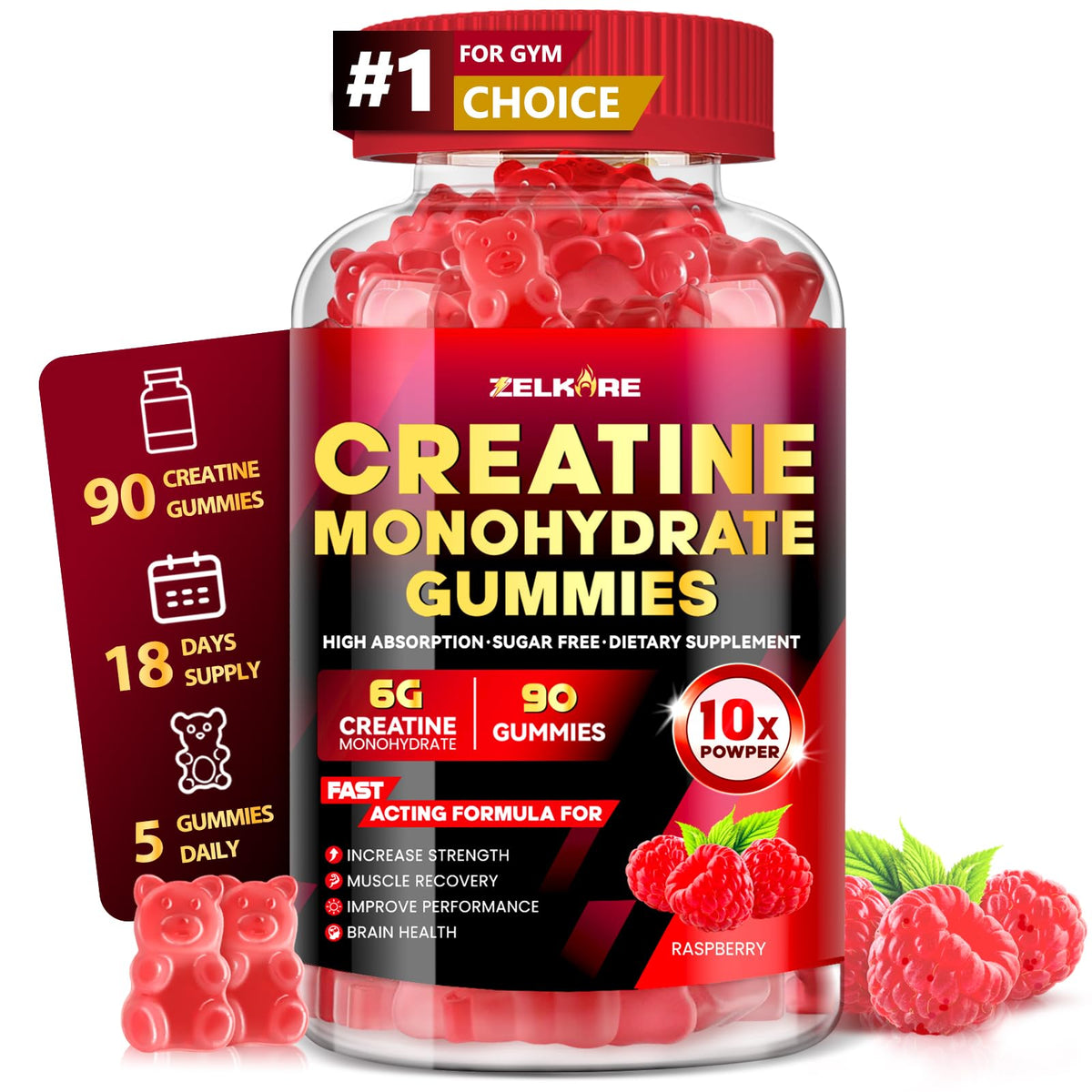 ZELKORE Creatine Monohydrate Gummies 6000mg for Men & Women, Sugar Free Creatine Gummy for Pre & Post Workout, High Absorption Supplement with BCAA, Support Boost Strength, - FENGGESTORE20