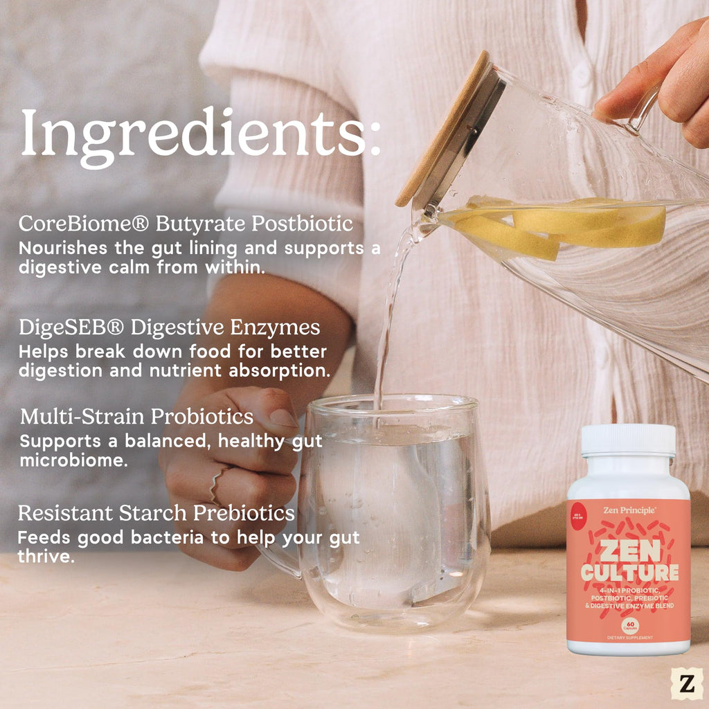 Zen Principle Zenculture™ – 4-in-1 Synbiotic Supplement (Probiotic + Prebiotic + Postbiotic + Digestive Enzymes) with CoreBiome®. Anti Bloating, - FENGGESTORE20