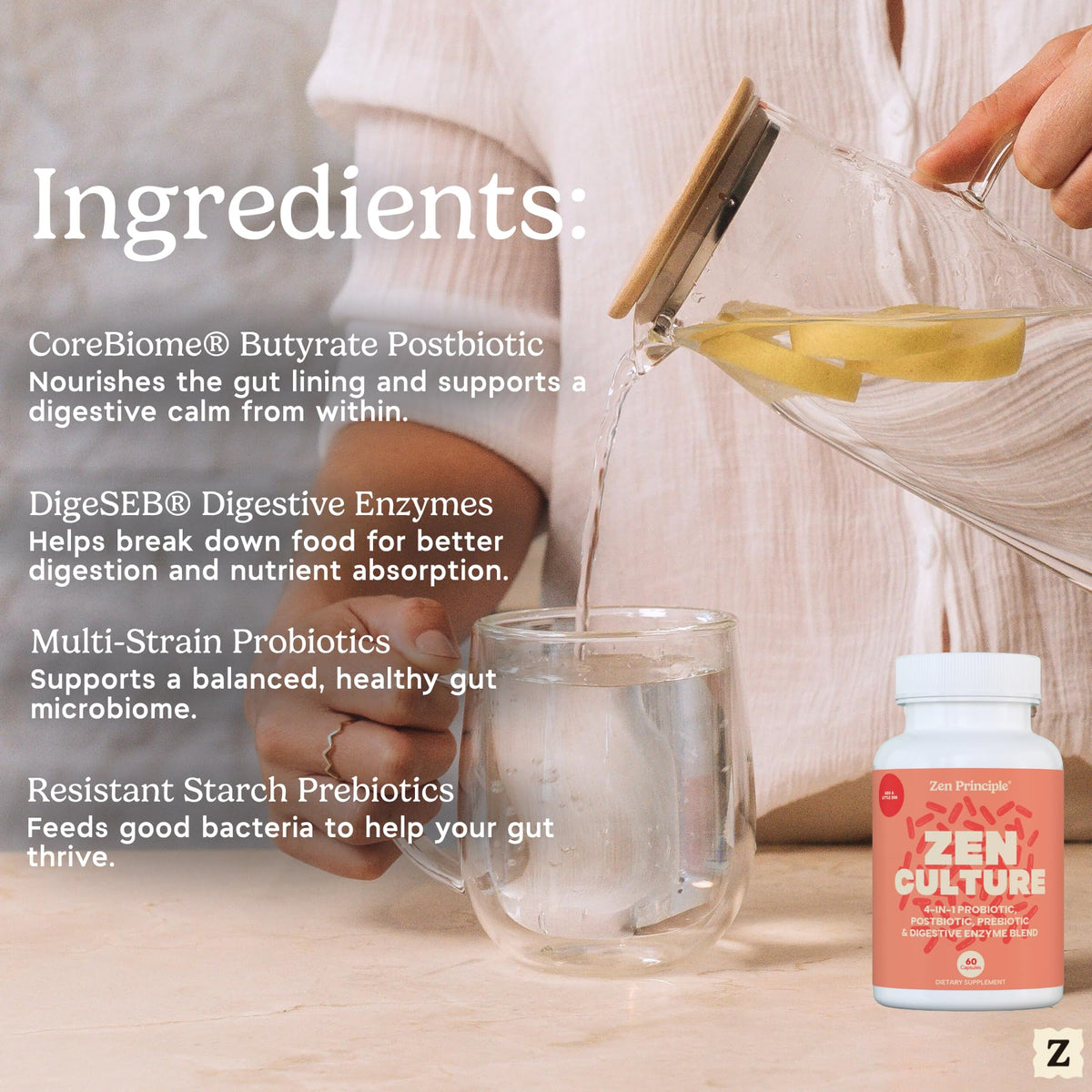 Zen Principle Zenculture™ – 4-in-1 Synbiotic Supplement (Probiotic + Prebiotic + Postbiotic + Digestive Enzymes) with CoreBiome®. Anti Bloating, - FENGGESTORE20