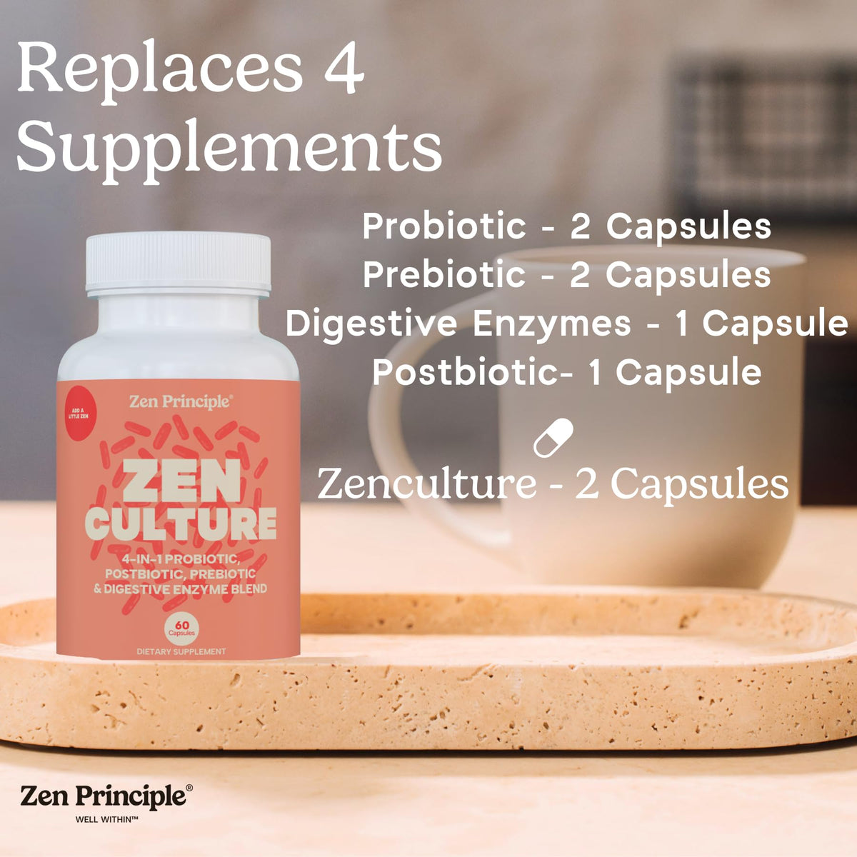 Zen Principle Zenculture™ – 4-in-1 Synbiotic Supplement (Probiotic + Prebiotic + Postbiotic + Digestive Enzymes) with CoreBiome®. Anti Bloating, - FENGGESTORE20