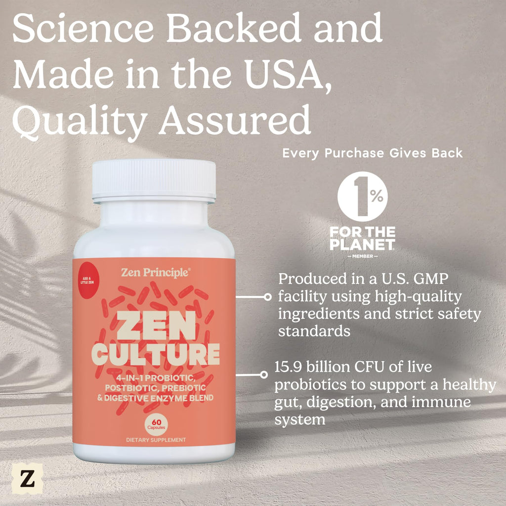 Zen Principle Zenculture™ – 4-in-1 Synbiotic Supplement (Probiotic + Prebiotic + Postbiotic + Digestive Enzymes) with CoreBiome®. Anti Bloating, - FENGGESTORE20