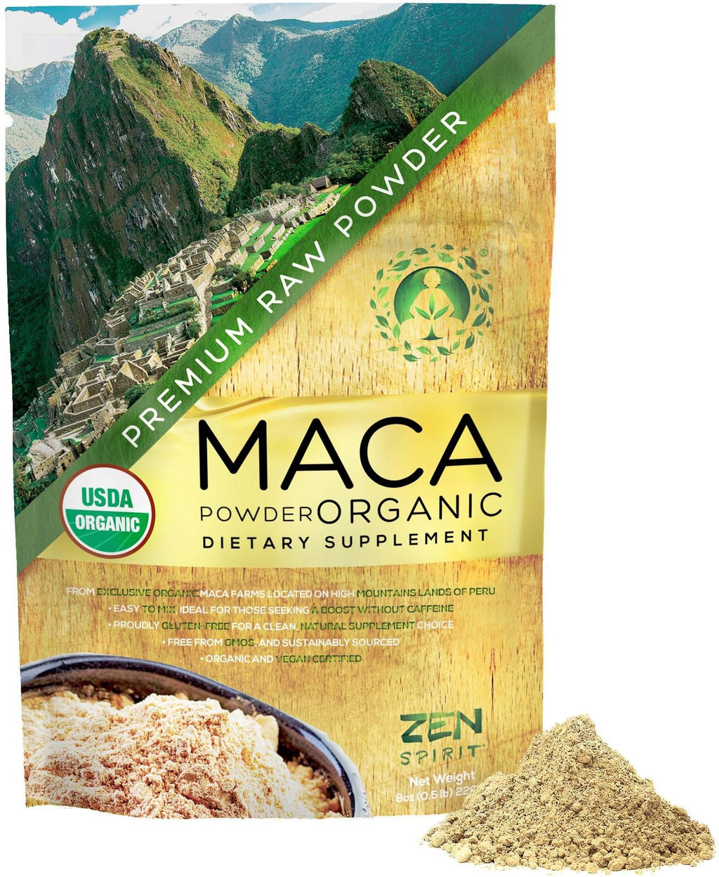 Zen Spirit Maca Root Powder Organic - Peruvian Root Premium Grade Superfood (Raw) - USDA & Vegan Certified - 1 Bag (8oz) - FENGGESTORE20