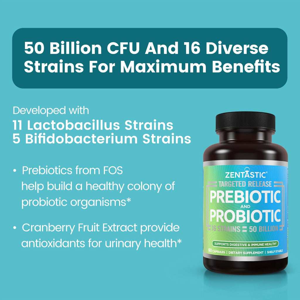 Zentastic Probiotics & Prebiotics Supplement - 50 Billion CFU - for Men & Women’s Immune & Digestive Health - 16 Strains - Shelf Stable - 180 Delayed Release Veggie Capsules - FENGGESTORE20