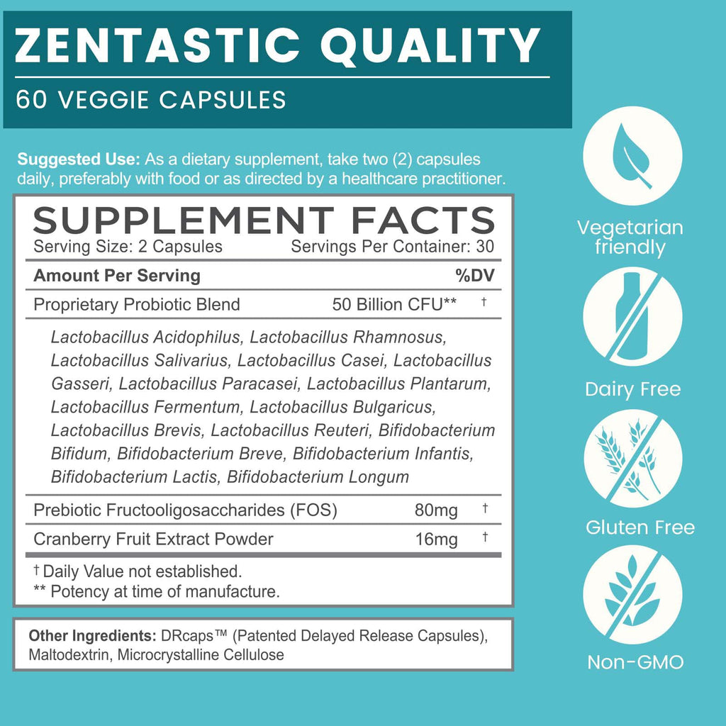 Zentastic Probiotics & Prebiotics Supplement - 50 Billion CFU - for Men & Women’s Immune & Digestive Health - 16 Strains - Shelf Stable - 180 Delayed Release Veggie Capsules - FENGGESTORE20