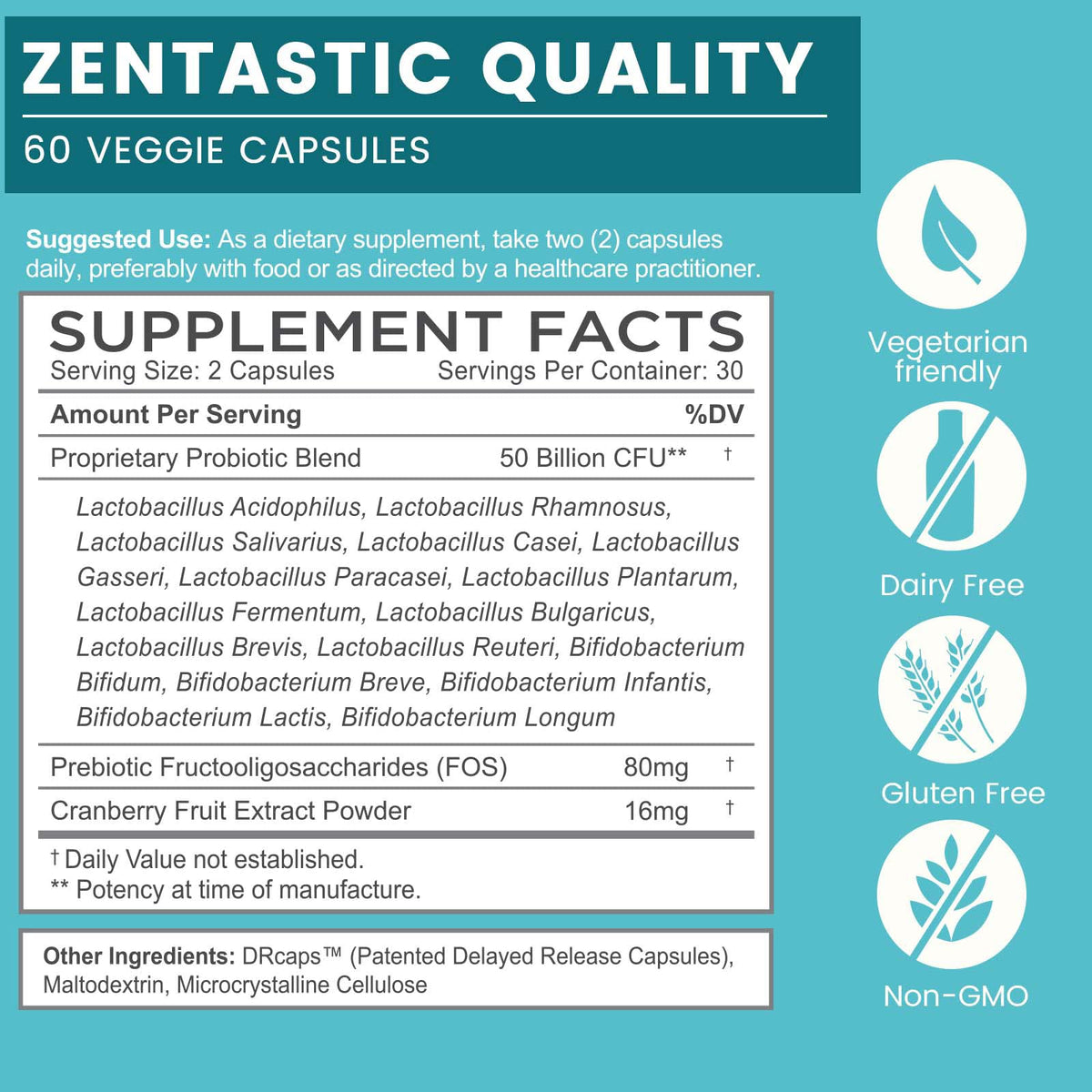 Zentastic Probiotics & Prebiotics Supplement - 50 Billion CFU - for Men & Women’s Immune & Digestive Health - 16 Strains - Shelf Stable - 180 Delayed Release Veggie Capsules - FENGGESTORE20