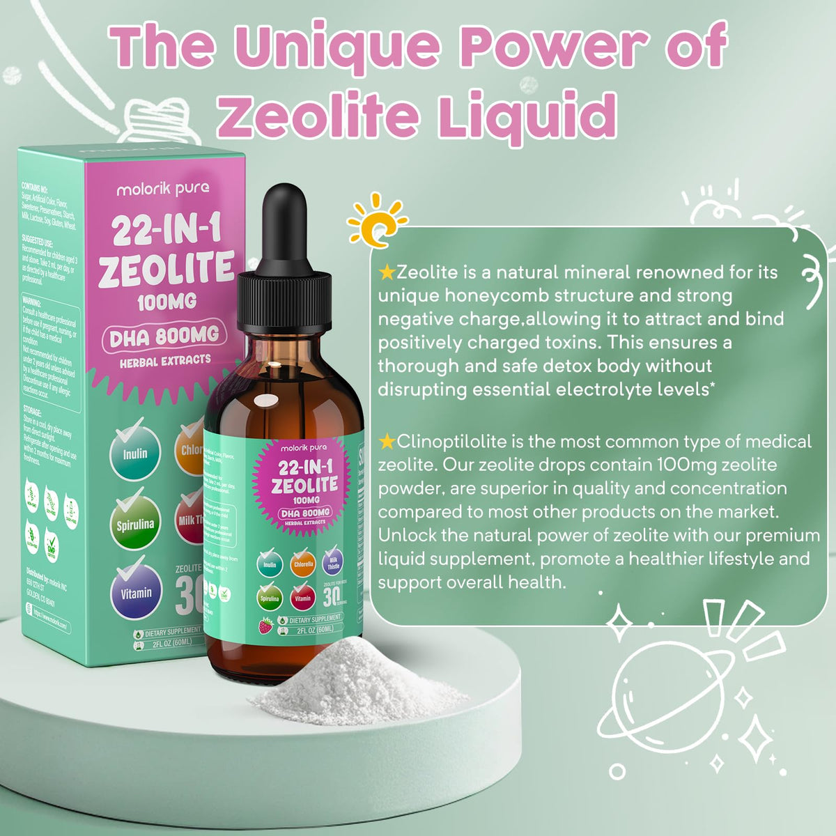 Zeolite Detox for Kids and Adults, Herbal Detox with 800mg DHA, 500mg Inulin, Probiotics & Vitamin B12, D3, C, B6, Cilantro Extract Cleanse to Support Brain, - FENGGESTORE20