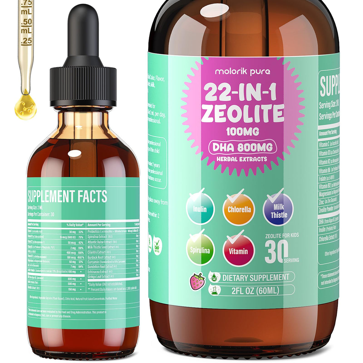 Zeolite Detox for Kids and Adults, Herbal Detox with 800mg DHA, 500mg Inulin, Probiotics & Vitamin B12, D3, C, B6, Cilantro Extract Cleanse to Support Brain, - FENGGESTORE20