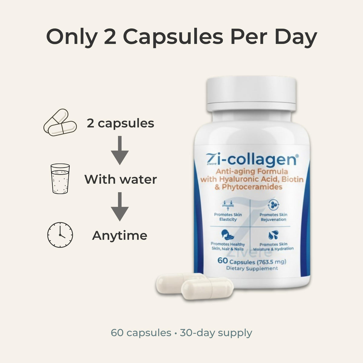 Zi-Collagen Marine Collagen Capsules for Skin, Hair & Nails Support – with Phytoceramides, Hyaluronic Acid, Biotin & Vitamins A C D3 E – 60 Capsules - FENGGESTORE20
