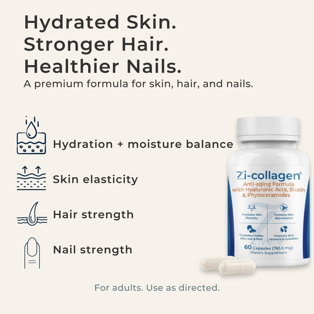 Zi-Collagen Marine Collagen Capsules for Skin, Hair & Nails Support – with Phytoceramides, Hyaluronic Acid, Biotin & Vitamins A C D3 E – 60 Capsules - FENGGESTORE20
