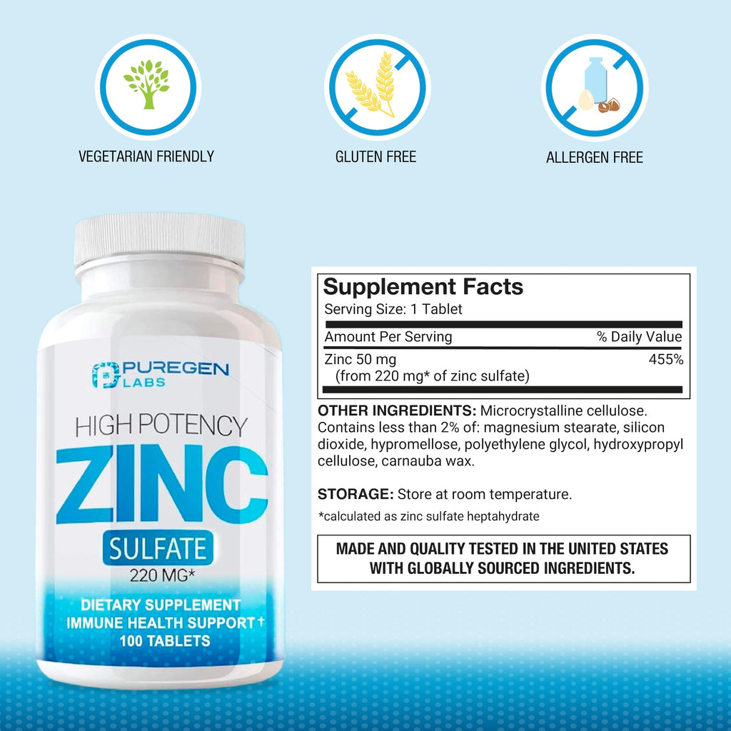 Zinc 220mg [High Potency] Supplement – Zinc Sulfate for Immune Support System 100 Tablets - FENGGESTORE20