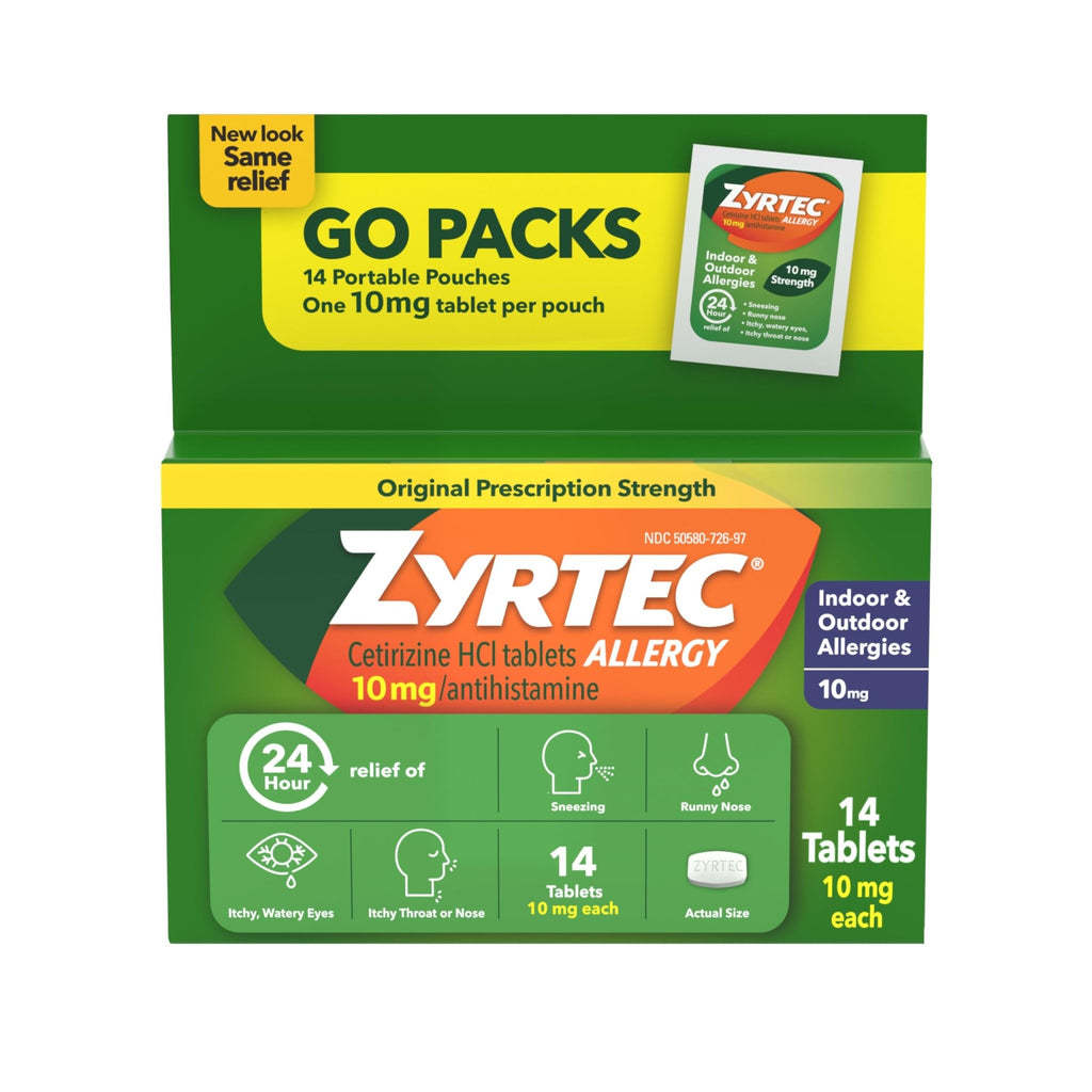 Zyrtec 24 Hour Allergy Relief Tablets, Antihistamine Indoor & Outdoor Anti Allergy Medicine + Cetirizine HCl, Relief from Runny Nose, Sneezing, & Itchy Eyes, Single Packs, 14 x 1 ct Packets - FENGGESTORE20