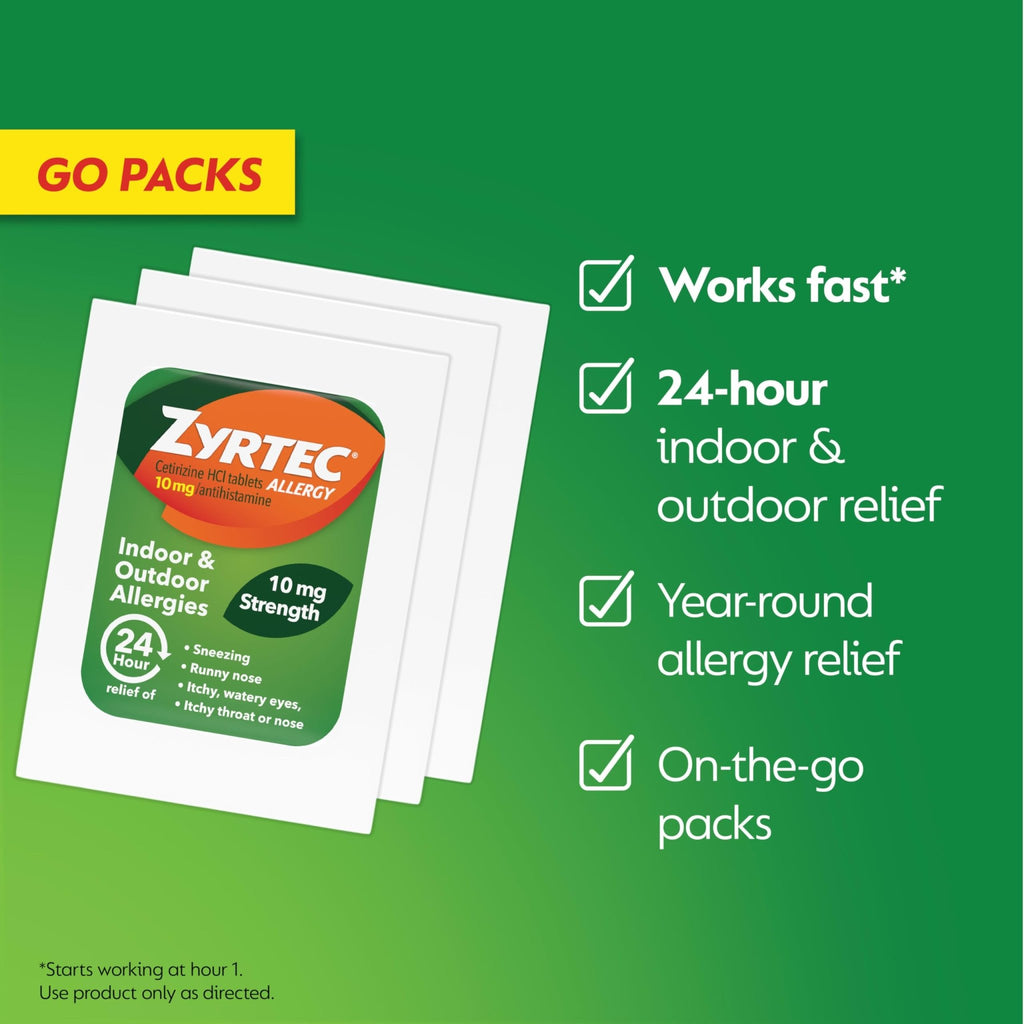 Zyrtec 24 Hour Allergy Relief Tablets, Antihistamine Indoor & Outdoor Anti Allergy Medicine + Cetirizine HCl, Relief from Runny Nose, Sneezing, & Itchy Eyes, Single Packs, 14 x 1 ct Packets - FENGGESTORE20