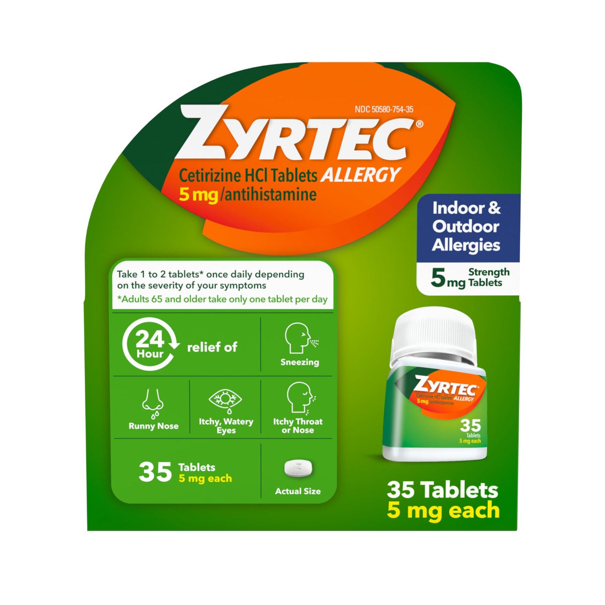 Zyrtec 24 Hour Allergy Relief Tablets, Indoor & Outdoor Allergy Medicine for Adults with 5 mg Cetirizine Hydrochloride, Relief of Runny Nose, Sneezing, Itchy Eyes, Plus Dust, Mold & Pet Dander, 35 ct - FENGGESTORE20