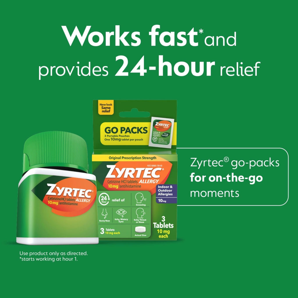 Zyrtec 24 Hour Allergy Relief Tablets, Indoor & Outdoor Allergy Medicine with 10 mg Cetirizine Hydrochloride Antihistamine, Value Bundle of one, 90 ct Bottle & Three, 1 ct Travel Packs - FENGGESTORE20