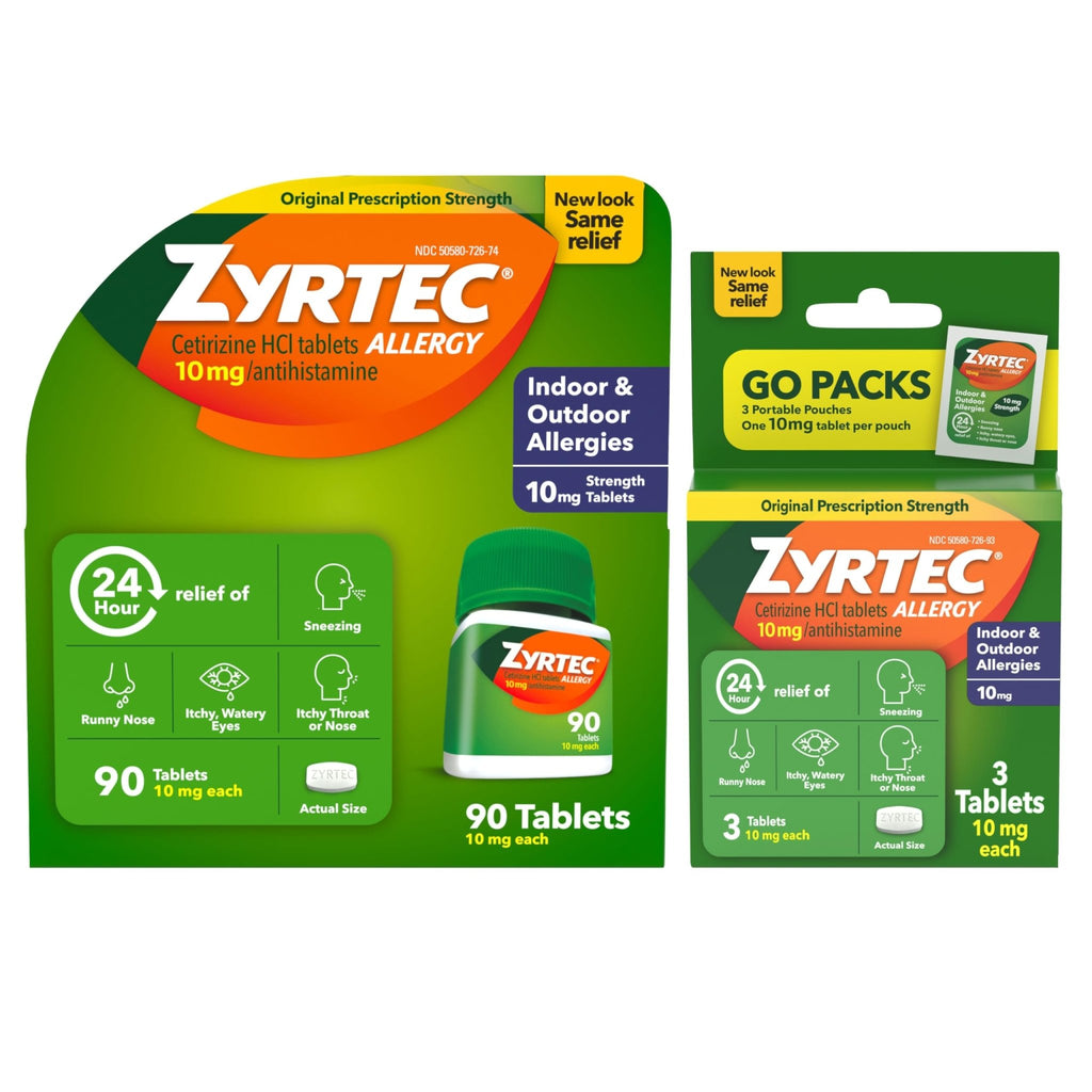 Zyrtec 24 Hour Allergy Relief Tablets, Indoor & Outdoor Allergy Medicine with 10 mg Cetirizine Hydrochloride Antihistamine, Value Bundle of one, 90 ct Bottle & Three, 1 ct Travel Packs - FENGGESTORE20