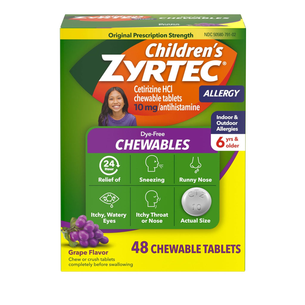 Zyrtec Children's Dye-Free Chewables for 24 Hour Allergy Relief, 10 mg Cetirizine Hydrochloride Antihistamine Tablets, Kids Allergy Medicine Relieves Sneezing & Itchy Throat, Grape, 48 ct - FENGGESTORE20