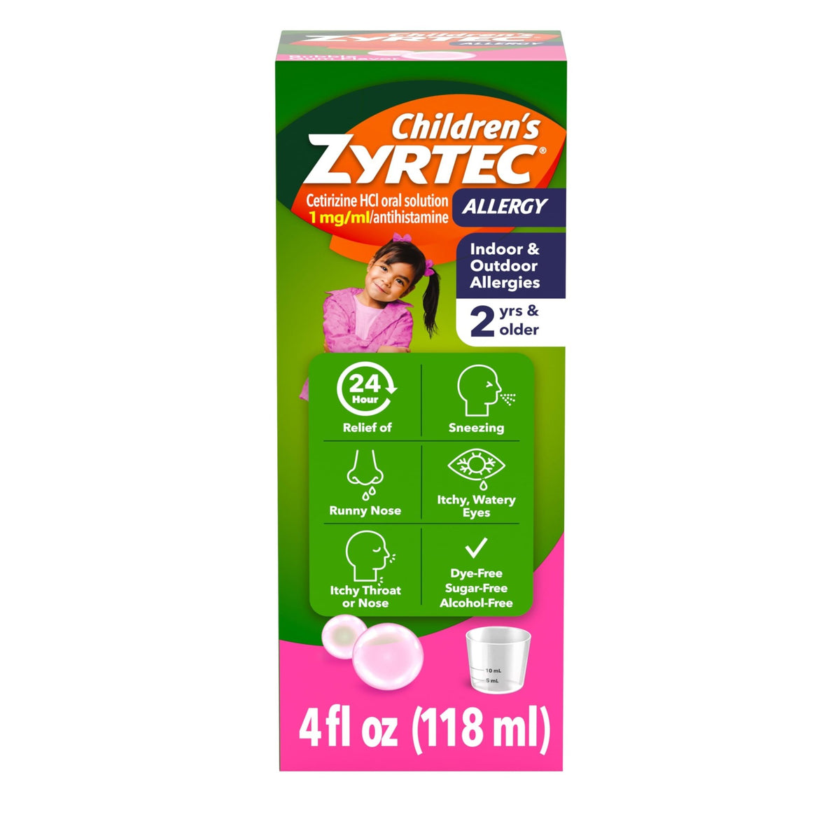 Zyrtec Children's Liquid, Kid's Antihistamine Syrup, Dye-, Sugar-, and Alcohol-Free, Pleasant Bubble Gum Flavor, Contains Cetirizine HCl Suitable for Ages 2 Years and Up, 4 fl oz Bottle - FENGGESTORE20