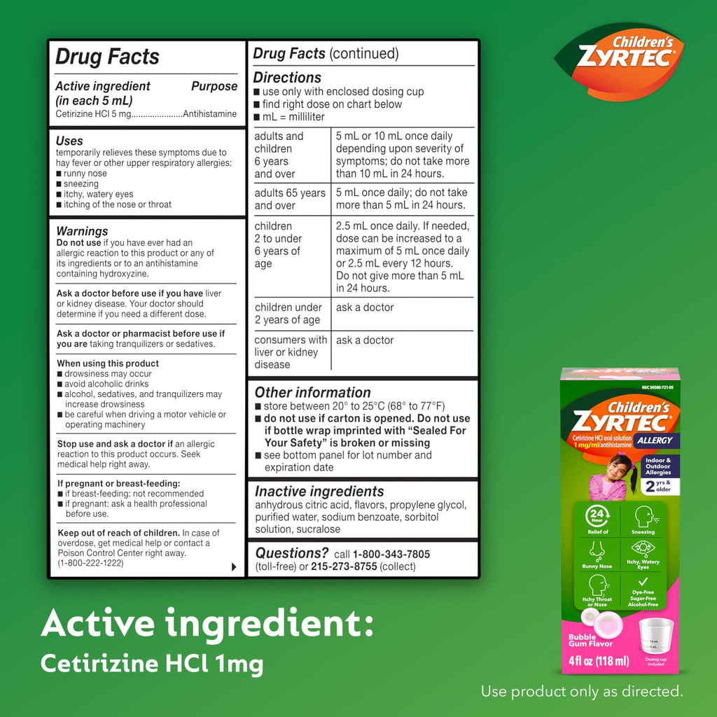 Zyrtec Children's Liquid, Kid's Antihistamine Syrup, Dye-, Sugar-, and Alcohol-Free, Pleasant Bubble Gum Flavor, Contains Cetirizine HCl Suitable for Ages 2 Years and Up, 4 fl oz Bottle - FENGGESTORE20