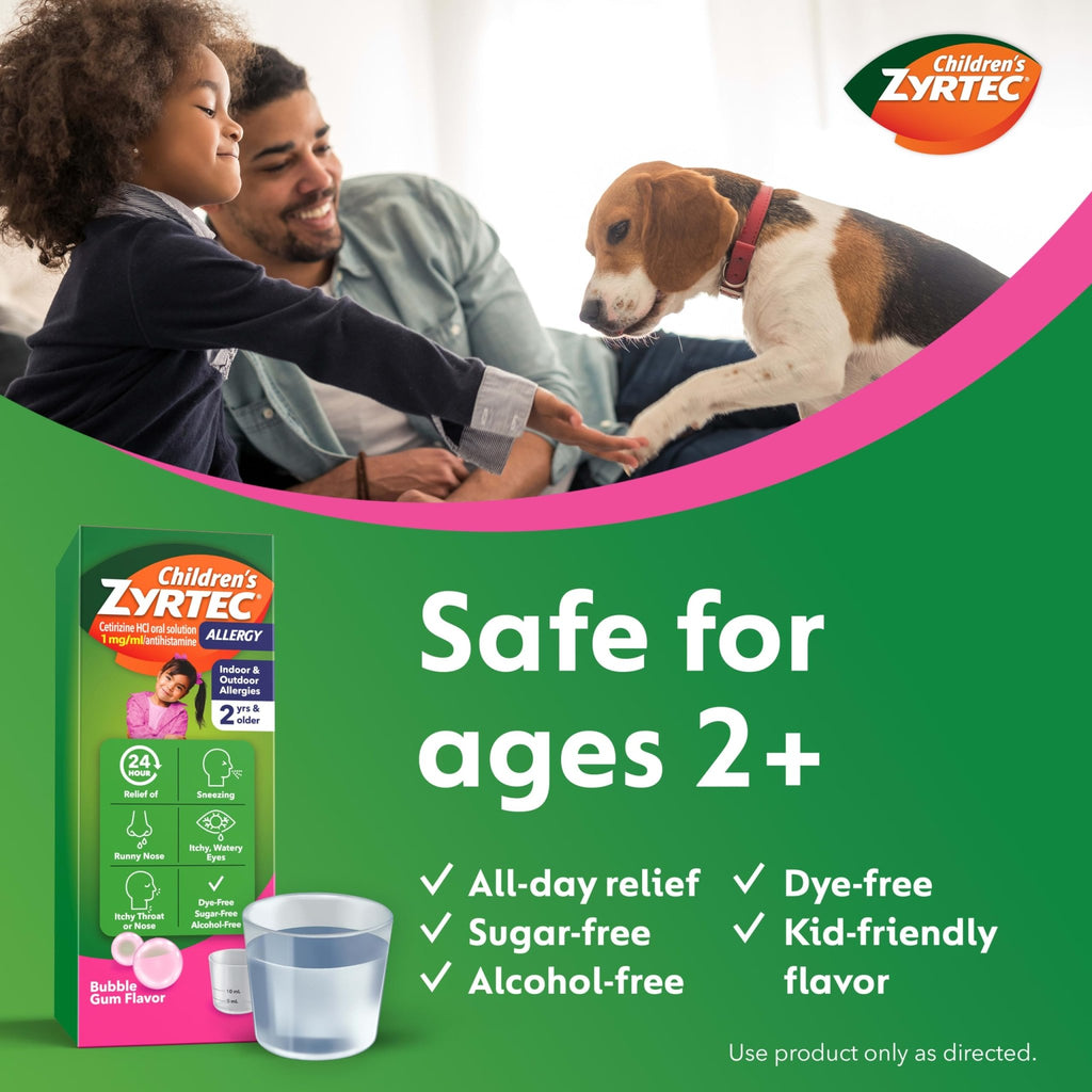 Zyrtec Children's Liquid, Kid's Antihistamine Syrup, Dye-, Sugar-, and Alcohol-Free, Pleasant Bubble Gum Flavor, Contains Cetirizine HCl Suitable for Ages 2 Years and Up, 4 fl oz Bottle - FENGGESTORE20