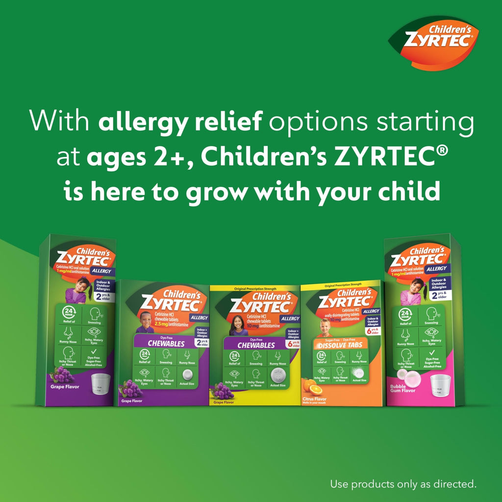 Zyrtec Children's Liquid, Kid's Antihistamine Syrup, Dye-, Sugar-, and Alcohol-Free, Pleasant Bubble Gum Flavor, Contains Cetirizine HCl Suitable for Ages 2 Years and Up, 4 fl oz Bottle - FENGGESTORE20