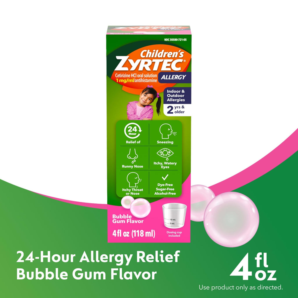 Zyrtec Children's Liquid, Kid's Antihistamine Syrup, Dye-, Sugar-, and Alcohol-Free, Pleasant Bubble Gum Flavor, Contains Cetirizine HCl Suitable for Ages 2 Years and Up, 4 fl oz Bottle - FENGGESTORE20